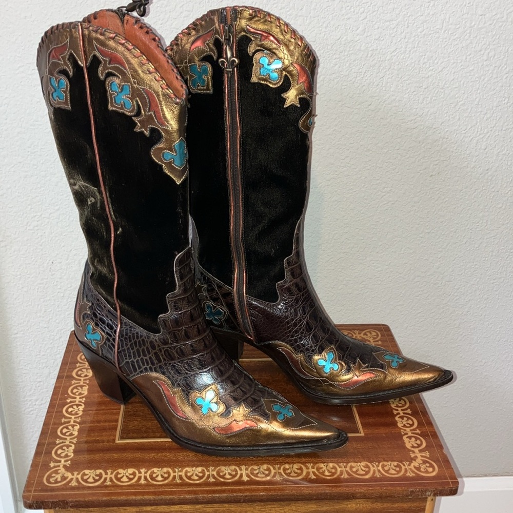 8 DONALD J PLINER WESTERN COUTURE Bronze Brown velvet turquoise metallic - Picture 9 of 9